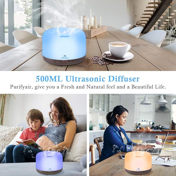 Miserwe Diffuser 500ML Essential Oil Diffuser with Adjustable Mist Mode and 4 Timer Setting Diffuser for Essential Oils Waterless Auto Shut-Off for Home Office Yoga Spa