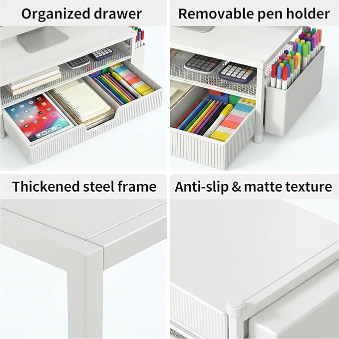 Desk Organizer and Accessories, 2-Tier Computer Monitor Stand Rise with Storage Drawer & 2 Pen Holders, Laptop & Printer Stand for Desktop, Workspace Organizers for Office Supplies (White)