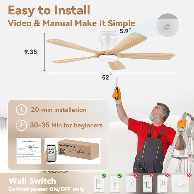GentleBreeze 52In Wood Smart Low Profile Ceiling Fans with Lights Remote,Control via WIFI Alexa Google App,6 Speed,Quiet DC Motor,Flush Mount Outdoor Indoor Ceiling Fan for Modern Bedroom Patio Porch