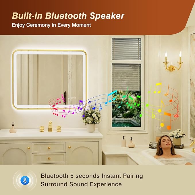 32x40 Inch Gold Framed LED Bathroom Mirror with Lights, Built-in Bluetooth Speaker,Tempered Glass,Dimmable Lighted Bathroom Vanity Mirror with 3 Colors, Backlit + Frontlit, Memory, Anti-Fog
