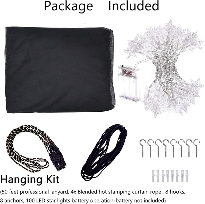 Comtelek 8 Corner Bed Canopy with 100 LED Star String Lights Battery Operated, Black Bed Netting Unique Style 4 Door Square Canopy Bed Curtains Canopy - Suggested for Twin Full Queen King Bed