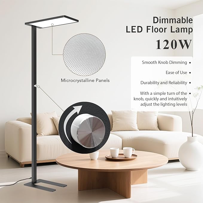 120W LED Floor Lamp, 76.8" Tall Reading Light, 10000LM Knob Dimming Standing Lamp, Full Spectrum Eye Care Reading Lamp, 4000K Natural Daylight for Study Room, Office, Living Room, Bedroom (Black)