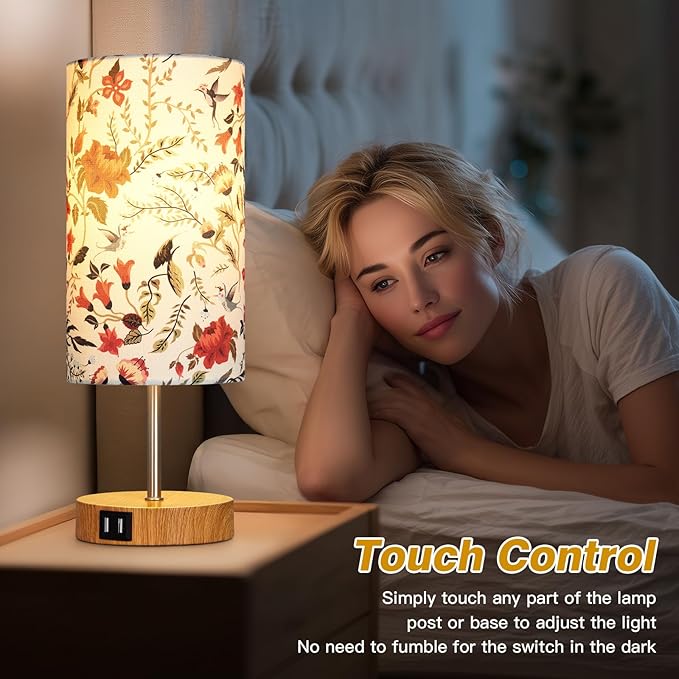 Bedside Touch Lamp with Flower Fabric Shade, 3 Way Dimmable Wood Bedroom Lamp for Nightstand with 2 USB Charging Ports, Small Table Lamp for Living Room Reading Desk (LED Bulb Included)