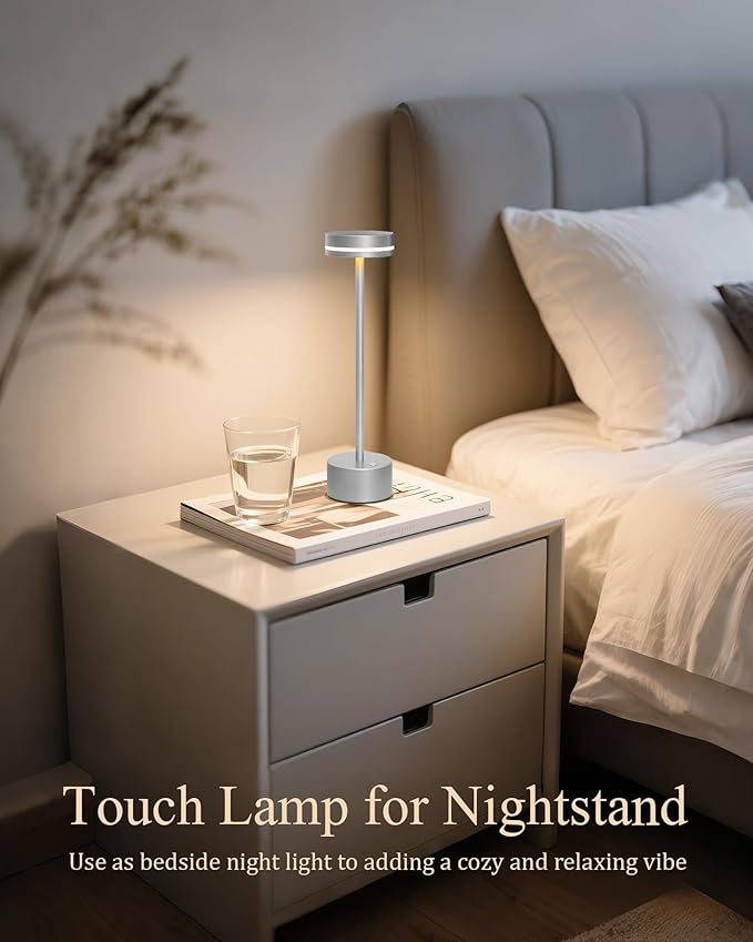 2 Pack LED Cordless Table Lamp Rechargeable, 5000mAh Portable Battery Operated LED Desk Lamp, 3 Color Dimmable Table Light for Reading/Home Office/Dining/Nightstand for Home Décor – Silver