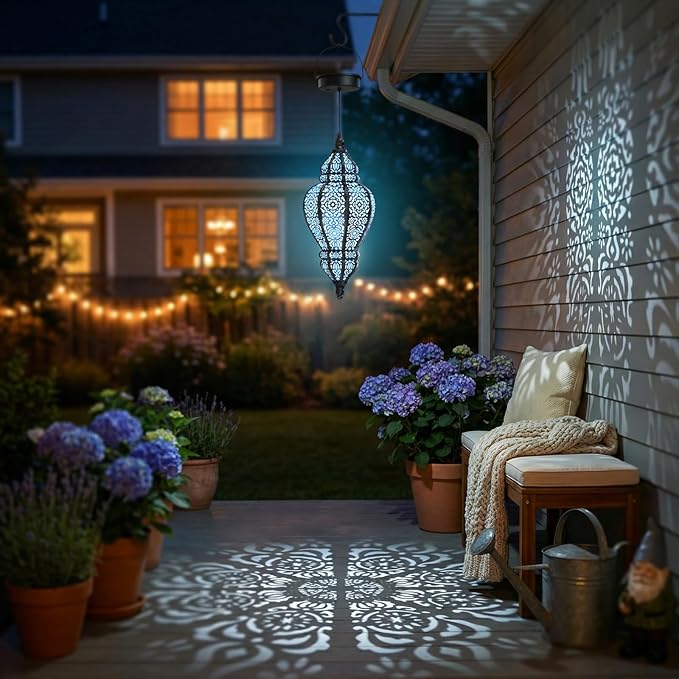 Hanging Solar Lights Outdoor Garden Decor Solar Lantern Waterproof Plastic Moroccan Outdoor Decorations for Patio Pathway Yard Backyard Garden Decorative (Black, 1)