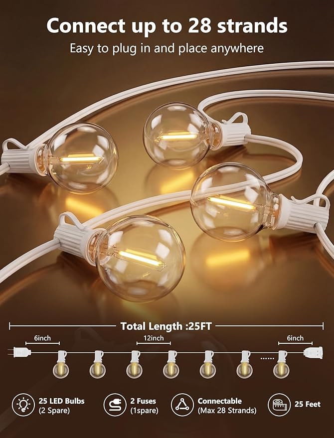 25Ft LED Outdoor String Lights, G40 Globe Patio String Lights Waterproof with 27 Shatterproof Bulbs, Hanging Outdoor Lights for Backyard Garden Bistro Wedding Party Christmas Decorations, White