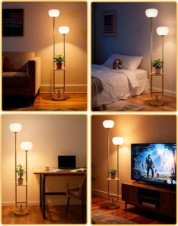 Lightdot 63IN Gold Floor Lamp Dimmable Standing Lamps with Tray, Pumpkin Shades& Bulbs Included, Unique U-Pole Mid Century Modern Tall Lamp for Living Room/Wedding/Party/Sofa Beside/Corner Decor