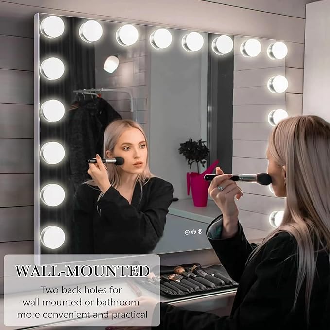 Kottova Vanity Mirror with Lights, Lighted Makeup Mirror with 18 Dimmable LED Bulbs, Hollywood Mirror, 3 Color Lightings, USB Charging Port Touch Control, Metal Frame（27.5" x 21.6"）