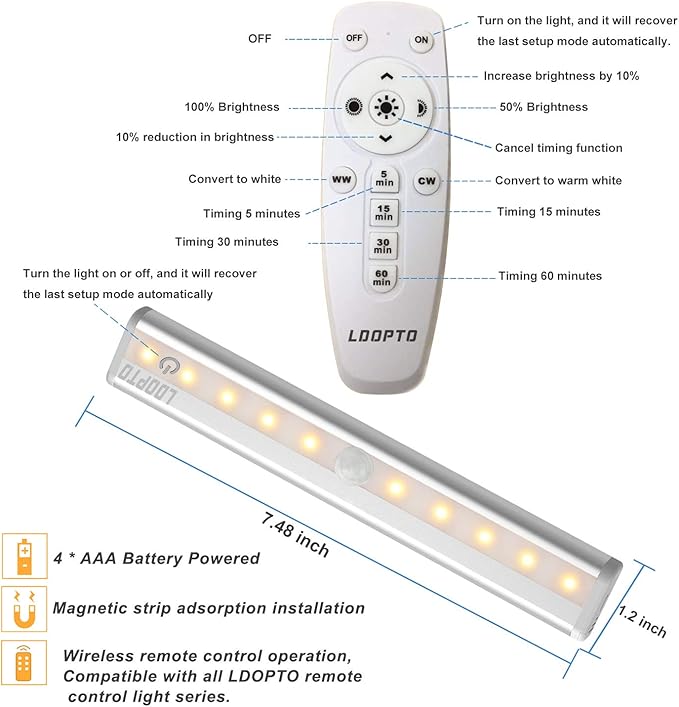 LDOPTO Under Cabinet Lights Wireless Battery Operated Lights with Remote Control LED Closet Lights Counter Wall Lights Without Wiring with Remote for Kitchen Shelf Hallway, Multiple Colors 2 Pack