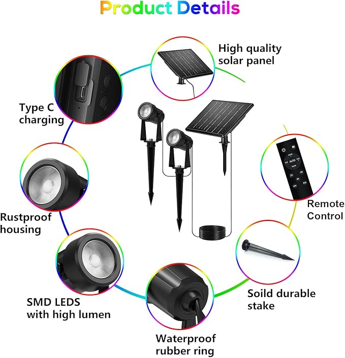 ZYAN Solar Color Changing RGB Spotlights with Remote, 12000mAh Separate Monocrystalline Panels & USB-C Powered, Auto On Off, Outdoor IP65 Waterproof for Patio Yard Path (8 Pack)
