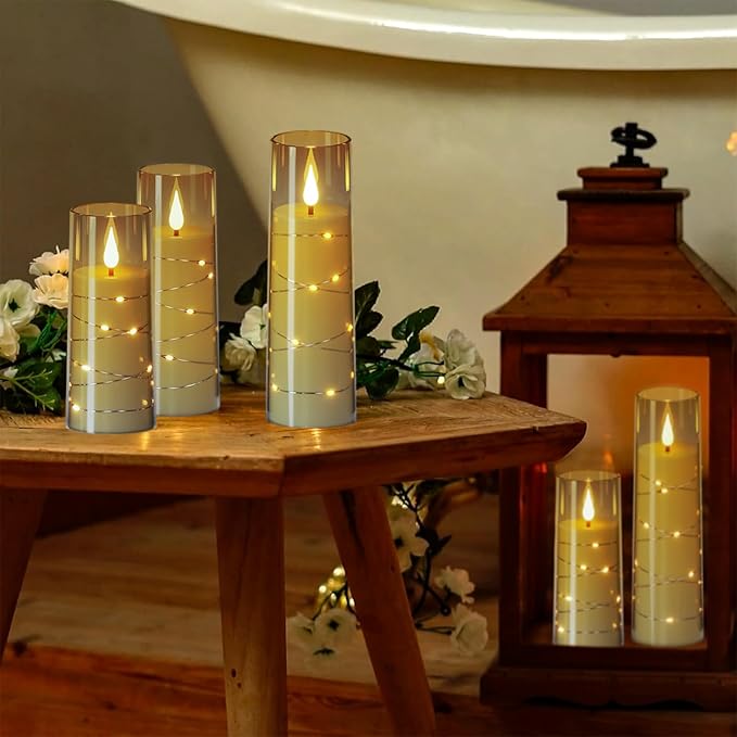 Wondise Flameless Flickering Candles with Embedded Star String Remote and Timer Battery Operated Flickering LED Candles Durable Acrylic Shell Pillar Candles for Christamas Home Decoration (5pack
