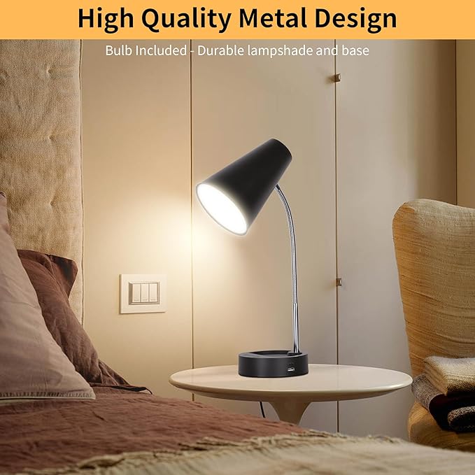 RUNTOP Desk Lamp, Black Desk Lamps for Home Office, LED Desk Light with USB Port and Type C Port, 5 Brightness Levels, 5 Color Temperatures, Flexible Gooseneck Desk Lamp, Table Lamp for Reading Study
