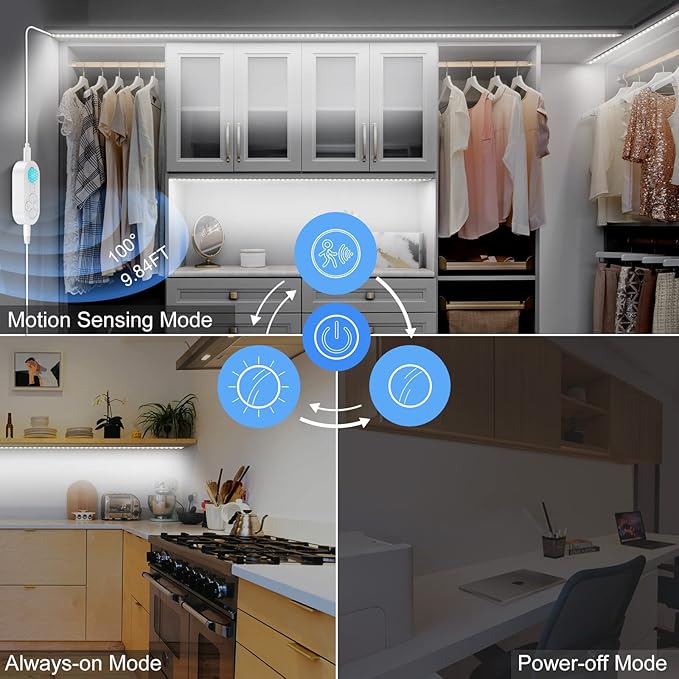 Motion Sensor LED Light Strip, Plug-in Under Cabinet Lights with Dimmer, Delay Timer for Kitchen Cabinet, Pantry, Laundry, Bedroom, Stairway