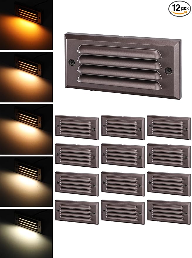 LEONLITE 12-Pack 5CCT Low Voltage LED Step Lights, 5W 12–24V AC/DC Horizontal Louvered Stair Lights Outdoor, IP65 Waterproof, ETL, 1800K/2700K/3000K/4000K/5000K, Aluminum, Oil Rubbed Bronze