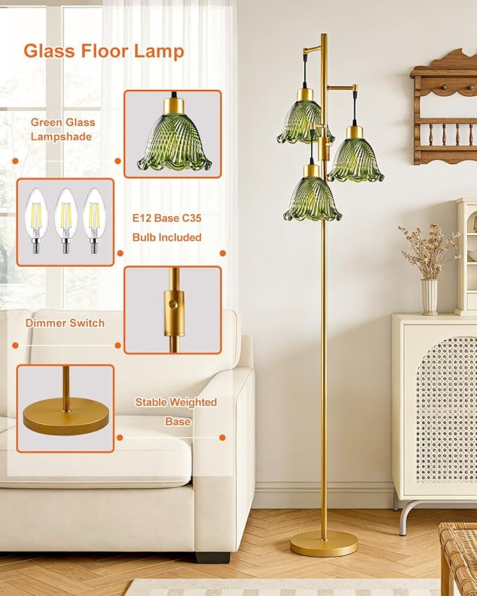 Glass Floor Lamps for Living Room, 3-Light Gold Dimmable Floor Lamp with Green Glass Shade& Bulbs Included, Mid Century Standing Tall Lamp for Bedroom/Sofa Beside/Corner Decor