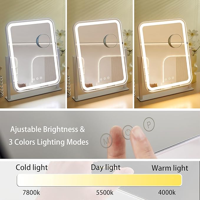 HIEEY Vanity Mirror with Lights, 17.4'' x 13'' Makeup Mirror with Lights, Three Color Lighting Modes, and 5X Magnification Mirror, Smart Touch Control, 360°Rotation (White,Gift Box)