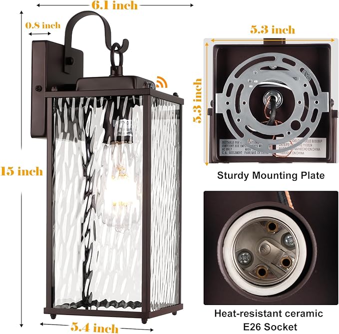 Dusk to Dawn Outdoor Light Fixtures Oil Rubbed Bronze 2-Pack, Water Ripple Glass Vintage Brown Exterior Lantern Lights with Photocell Sensor IP65 Waterproof Coach Carriage Lights, E26