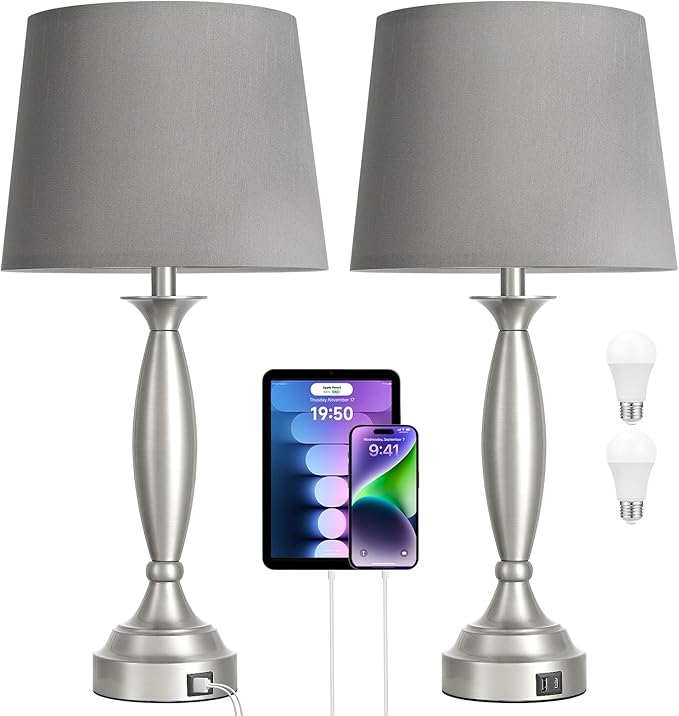 25.5" Lamps for Bedrooms Set of 2 - Touch Bedside Lamp with USB C+A, 3 Way Dimmable Nightstand Lamps with USB Port, Brushed Nickel Table Lamp for Living Room Bed Side End Table（bulbs included）