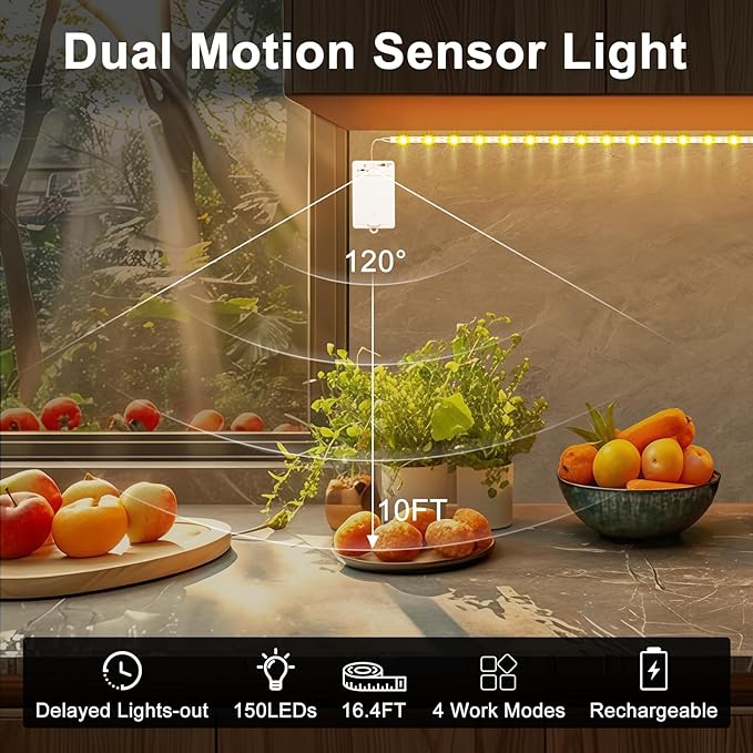 OMIKA 16.4FT 150LEDs 2700K Warm White Motion Activated Under Cabinet Lights, Rechargeable Cuttable Adjustable Dual Motion Sensor Light Indoor, Two Motion Sensor LED Strip for Stairway Closet Corridor