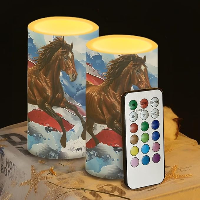 American Flag Flameless Candles 2 Pack 6 x 3 inch Horse Print Battery Operated Candles with Multicolor Timer Remote Control LED Fake Candles for Warm Light Dinner Table Home Patriotic Decor