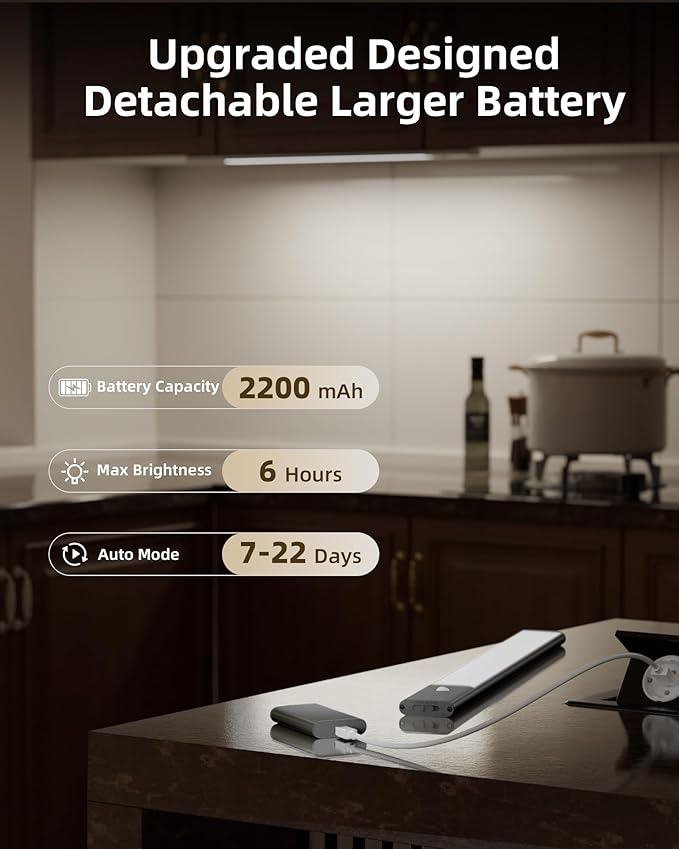 EZVALO Under Cabinet Lighting, Motion Sensor Lights with 2 Detachable Batteries, 76 LED Dimmable Closet Lights, 3 Color Temps, Under Counter Lights for Kitchen, Wardrobe