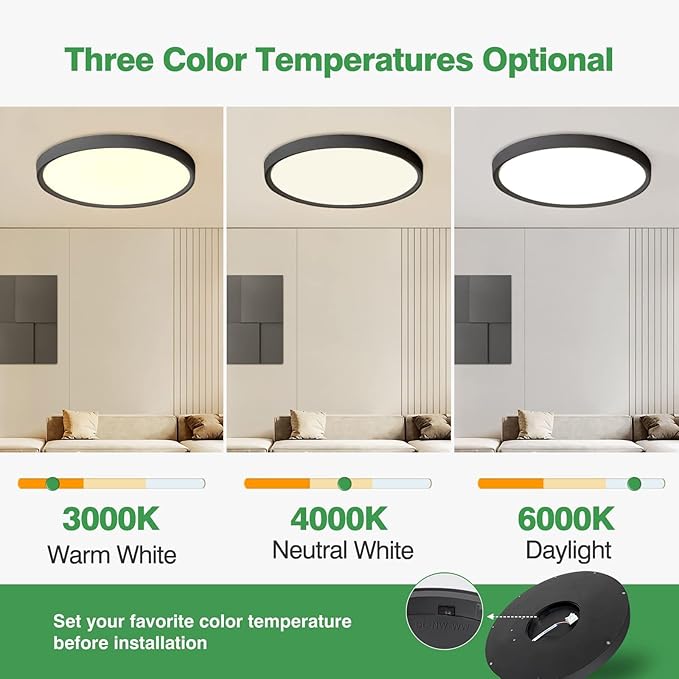 24 Inch Large LED Flush Mount Ceiling Light, 50W,5480LM, 3000K/4000K/6000K CCT Selectable, Black Round Flat Panel Low Profile Ceiling Light Fixtures for Hallway, Kitchen, Bedroom, Laundry Room