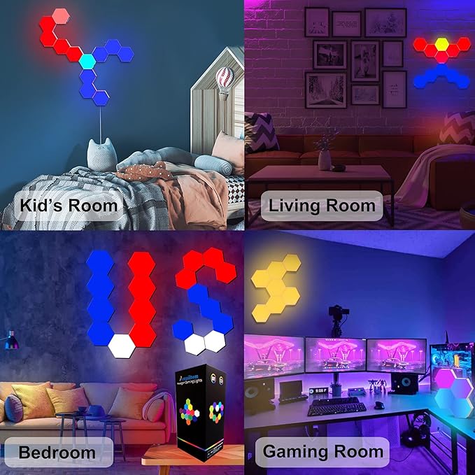 Hexagon Gaming Lights Remote Controlled, RGB LED Wall Lights Touch-Sensitive DIY Geometric Modular Light Panels with Stand, Infinitely Splicing for Gaming Living Room Bedroom TV Decor, 7 Pack