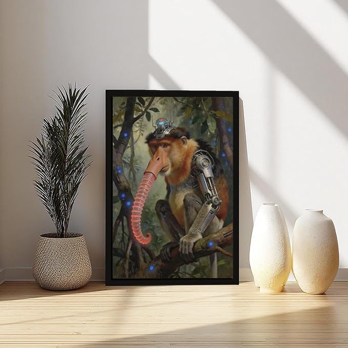 Framed Steampunk Mechanical Proboscis Monkey Wall Art - Jungle Neon Retro Poster for Apartment Leisure Area Decor 16x24in