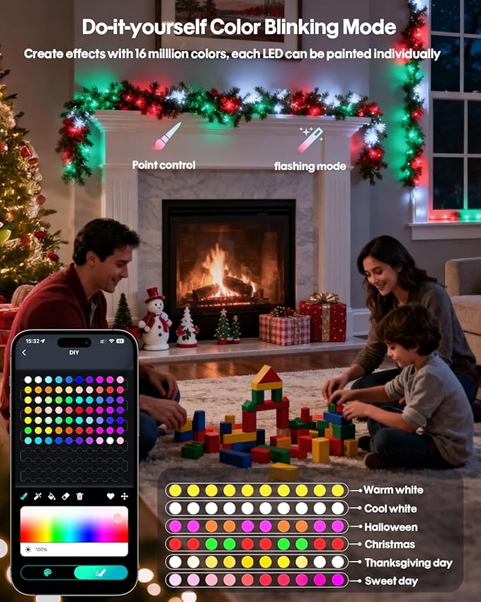 Smart Fairy String Lights, 33Ft Usb DIY Twinkle Lights w/Remote & App Controlled, music sync,12 Modes, Multicolor & Warm White for Bedroom, Christmas, Parties,Wedding,Centerpiece, Decoration