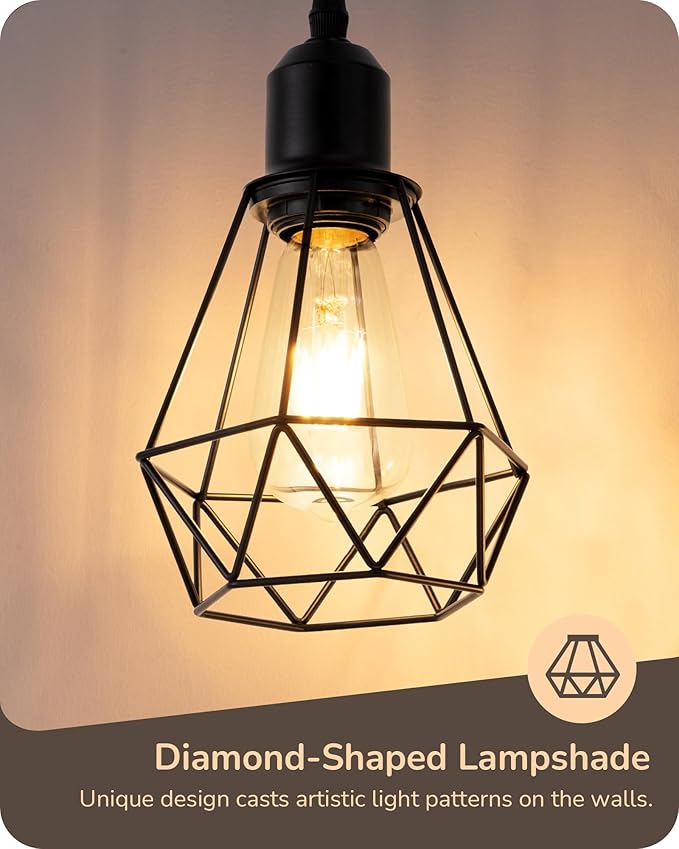 EDISHINE 70IN Farmhouse Floor Lamps for Living Room, Dimmable Industrial Tall Standing Lamps 3 LED Edison Bulbs Included, Diamond-Shaped Cage, Rustic Tree Corner Light for Bedroom, Office, Black