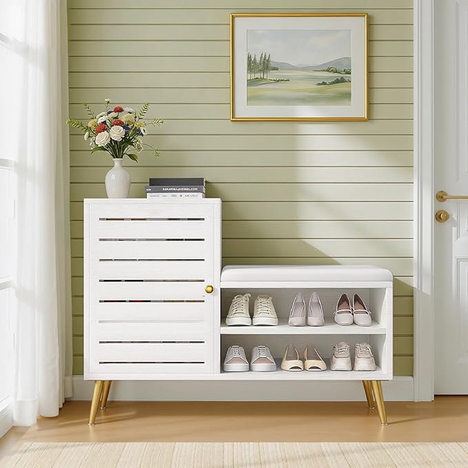 VECELO Shoe Storage Bench with Door&Shelf, Entryway Bench with Seat Cushion, for Hallway, Bedroom, Living Room, L-Shaped, White