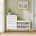 VECELO Shoe Storage Bench with Door&Shelf, Entryway Bench with Seat Cushion, for Hallway, Bedroom, Living Room, L-Shaped, White