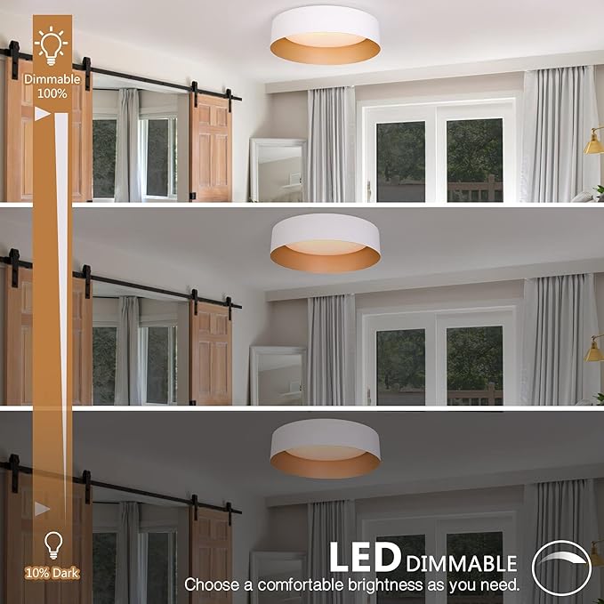 Bargeni LED Ceiling Light Fixture,12.5 inch Flush Mount Light Fixture,Matte White with Gold Inside,Dimmable 3000K/Warm White/18W(100w Equiv.),Outdoor Lighting Fixtures Ceiling for Bedroom and Hallway