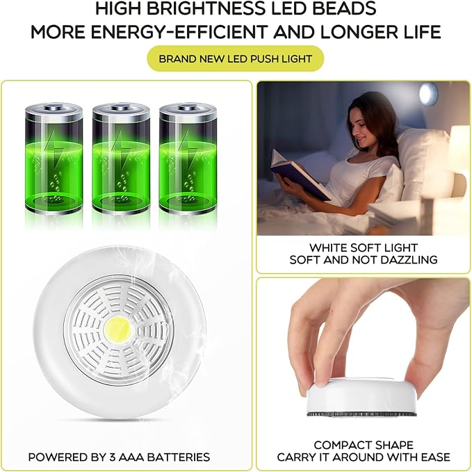 Macarrie 12 Pack Wireless LED Puck Lights, Under Cabinet Lighting, 70 Lumens Portable Touch Light, Stick on Battery Powered, for Kitchen Closets Cabinets Garage Bedroom Shelf(Classic Style)