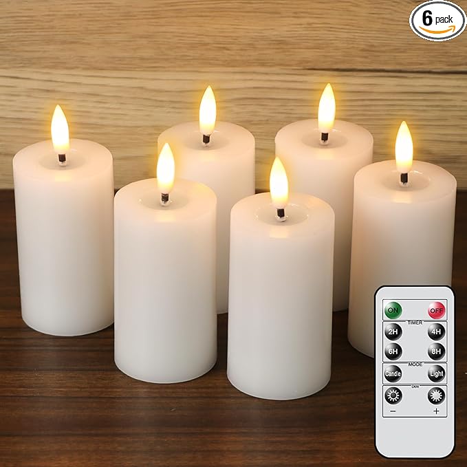 DRomance Flameless LED Pillar Candles with 10-Key Remote and Timer 6 Pack Real Wax Battery Operated Candles 3D Wick Flickering Warm Light Wedding Dinner Holiday Decor(White, 1.9" D x 4.5" H)
