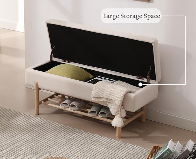EALSON Modern Storage Ottoman Bench Upholstered Fabric End of Bench with Seating and Wood Shoe Rack Long Entryway Bench for Bedroom/Living Room/Foyer, Linen Beige
