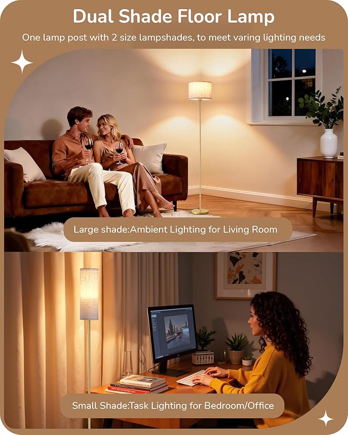 EDISHINE Modern Floor Lamp with 2 Shades, Adjustable Brightness & Color Temperature, Remote Control, Minimalist Standing Lamp, E26, A19 Bulb Included, Dimmable for Living Room, Bedroom, Gold