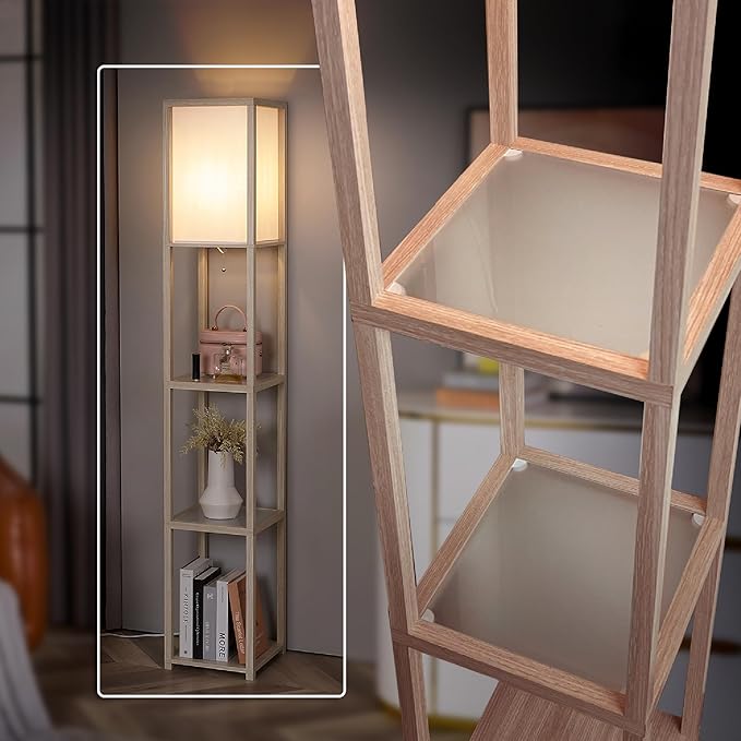 FENLO Floor Lamp with Shelves – Tall Standing Lamp with Tempered Glass Tiers – Modern Minimalist Floor Lamp for Bedroom, Living Room, or Corner Fina