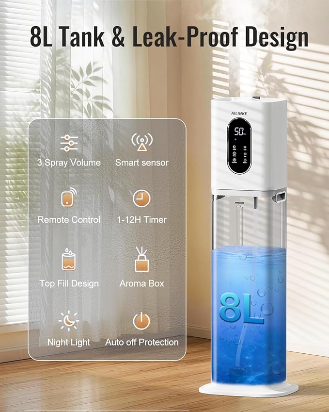 Humidifier Large Room Bedroom with Night Light, 2.1Gal(8L) Humidifiers for Home with Essential Oil Diffuser, Top Fill Whole House Cool Mist Humidifiers for Plants Baby Kids Adults(White)