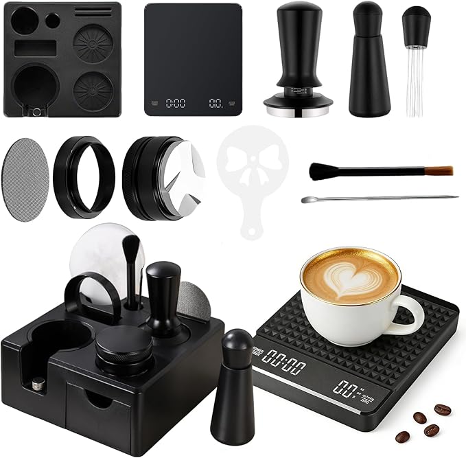 10 PCS Espresso Accessories Kit - 51mm Espresso Tools Set with WDT Tool, Espresso Tamper, Tamping Station, Coffee Distributor, Dosing Funnel, Puck Screen, Latte Art Pen,Stencils & Coffee Scale