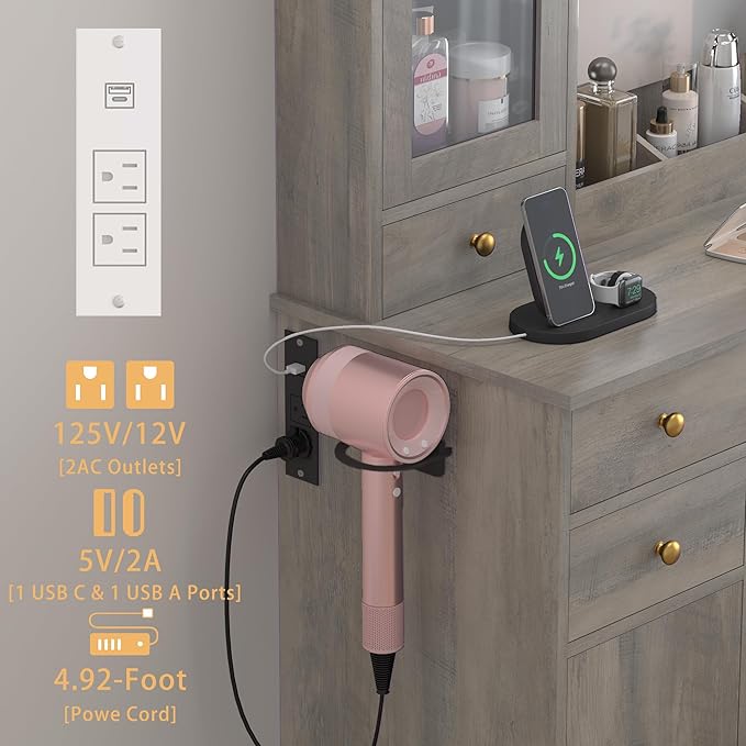 Vanity Desk with Mirror and Lights, 43" Grey Makeup Vanity Set with 5 Drawers & Glass Cabinets, Makeup Tray, Power Outlet & Adjustable LED Lights, Dressing Table for Women & Girls Bedroom