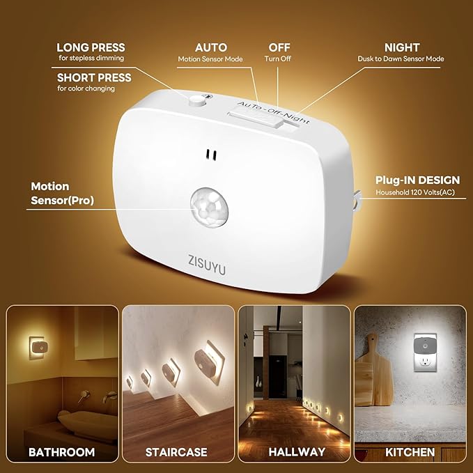 ZISUYU Plug-in LED Backlit Night Light with Motion Sensor & Dusk to Dawn Sensor, 10-60lm Dimmable Nightlight with Multi-Mode & Color-Changing, Ideal for Bedroom, Bathroom, Stairs, Hallway (2 Pack)
