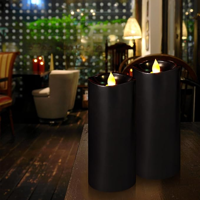 7” x 3” Flameless Candles, Flickering Moving Flame LED Candles, Battery Operated Candles with Remote and Timers, Black, Set of 2
