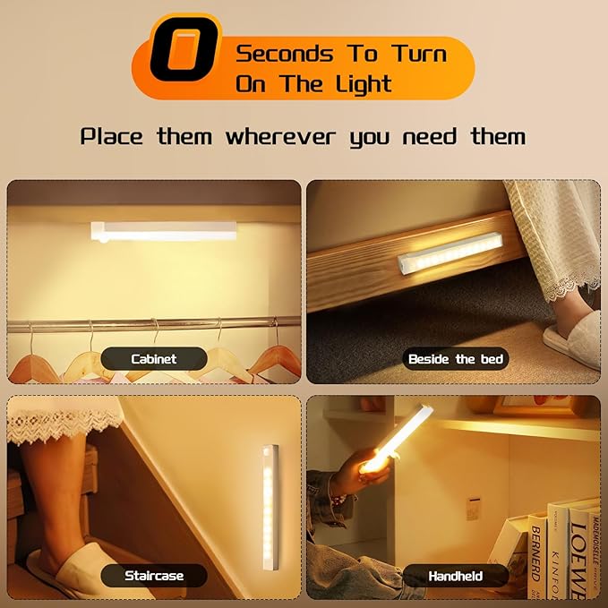 HomeBeyond Under Cabinet Lighting Wireless, 4-Pack Dimmable Motion Sensor LED Lights with Warm Color, Rechargeable Battery Operated Magnetic Lights for Kitchen, Closet, and Home Use