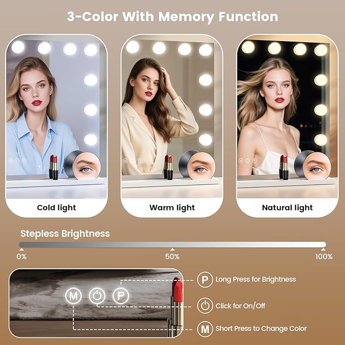 VESAUR Hollywood Vanity Mirror with 10X15X Magnification and Lights, 23"x18" Makeup Mirror with 15 Dimmable LED Bulbs, 3 Color Modes, USB/Type-C Port, Aluminum Frame, Tabletop & Wall Mount for Bedroom
