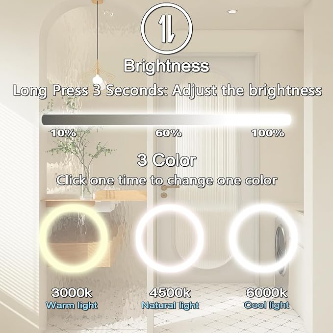 THEKLA 24 Inch Bathroom Crystal LED Round Mirror with Lights Memory 3 Color Dimmable Crystal AntiFog Round Lighted Vanity Mirror for Bathroom Wall 24" Diamond Circle Light up Vanity Mirror with Lights