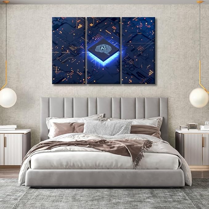 LSIUHWUWI Modern Wall Art 3 Panel Artificial Intelligence Concept Pictures Print on Canvas for Wall Art Decoration, CPU AI Artwork Wooden Framed Ready to Hang 20x40inchx3