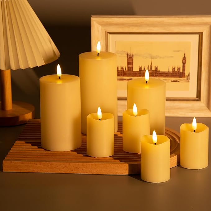 Eywamage Flameless Votive Pillar Candles with Remote Batteries Included, LED Electric Candles Set of 7, Flickering Realistic ABS+Paraffin Wax, Ivory