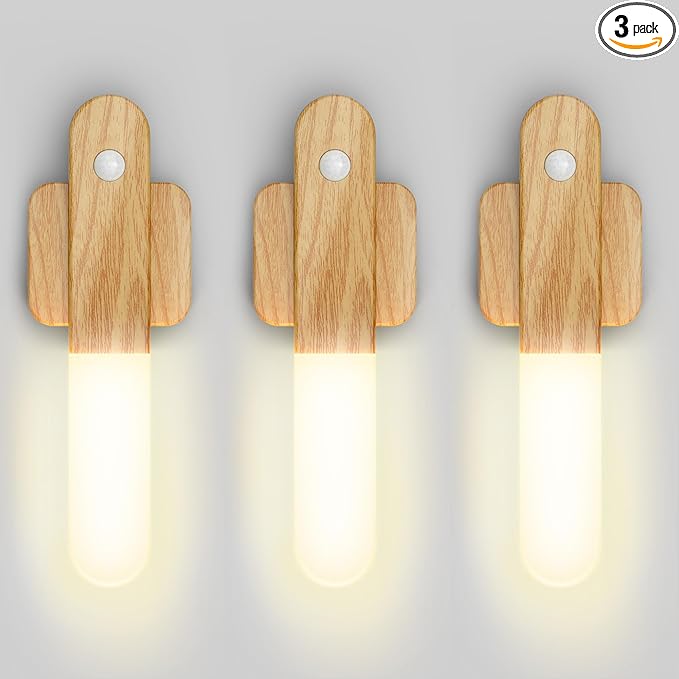 iThird Motion Sensor Light Indoor - Wireless Wall Light, lumi Light, Magnet Rechargeable Wall Sconces, Portable Night Lights, LED Lights for Closet, Bathroom (Beech 3PCS)