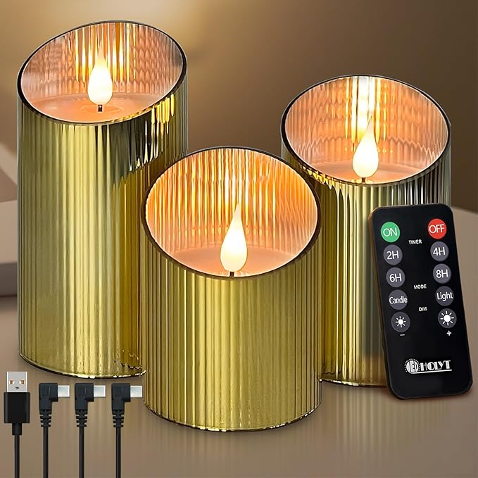 Rechargeable Flameless Candle, Flickering LED Pillar Glass Fake Candle with Remote and Timer, Built-in Battery Real Wax Electronic Candle for Room Decoration, Set of 3